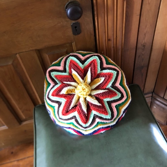 Vtg Hand Knit Multicolour Pouf Pillow - Picture 3 of 14